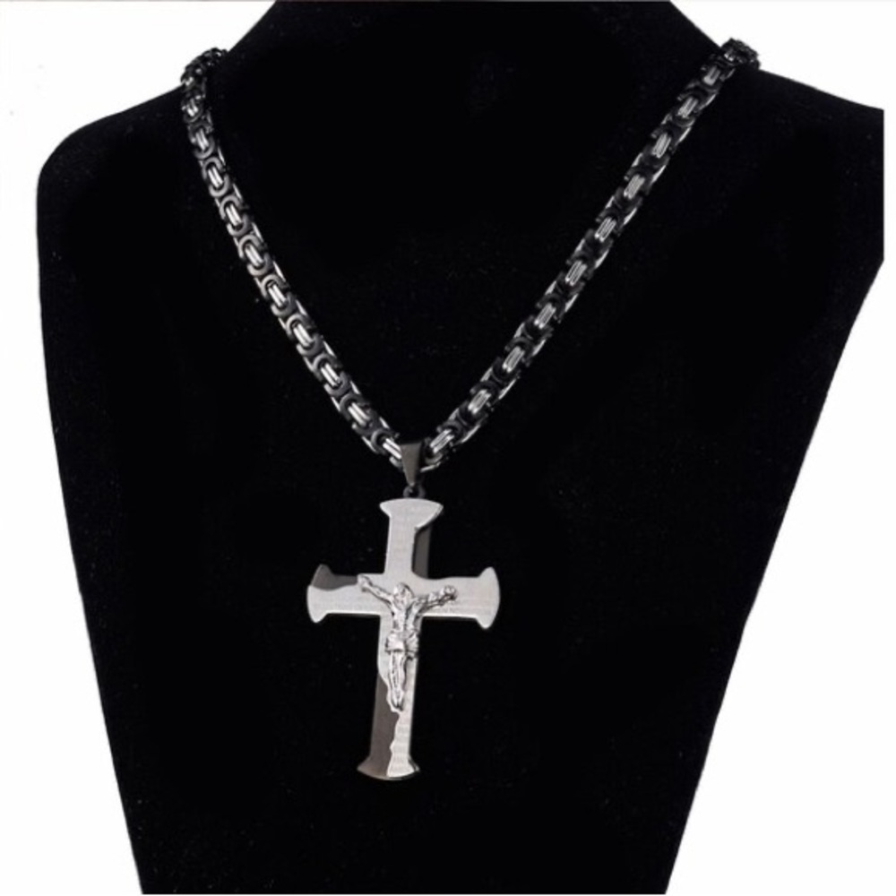 Jesus Crucifix Cross Necklace For Men Black and Silver Color Stainless Steel